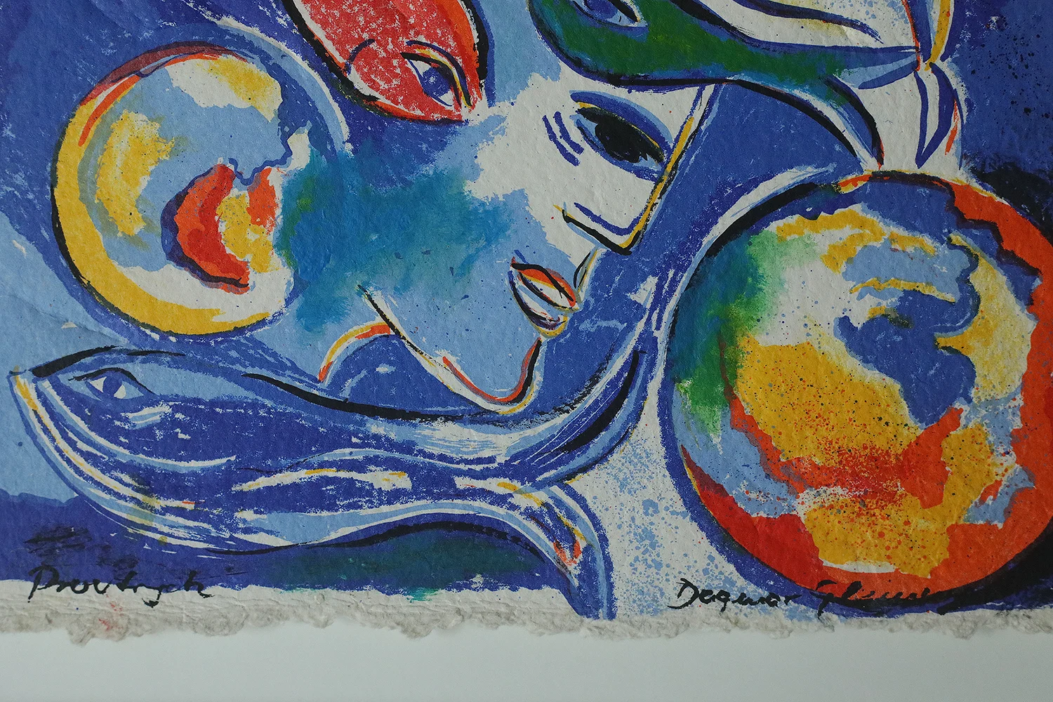 Kolorowa litografia, Dagmar Glemme, Composition with fish and faces