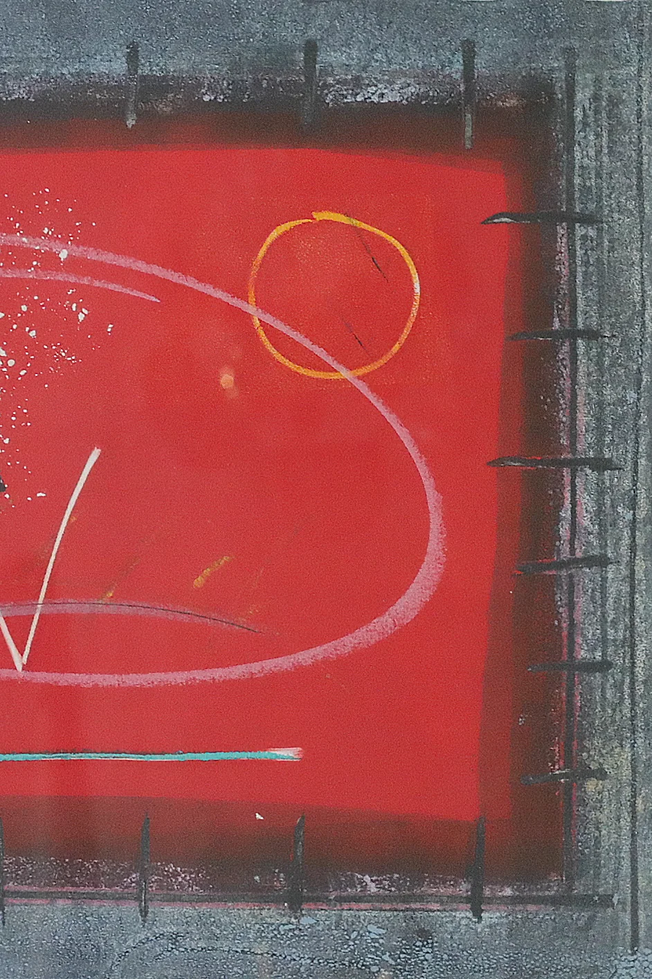 Colourful vintage lithograph, black-and-red composition, signed