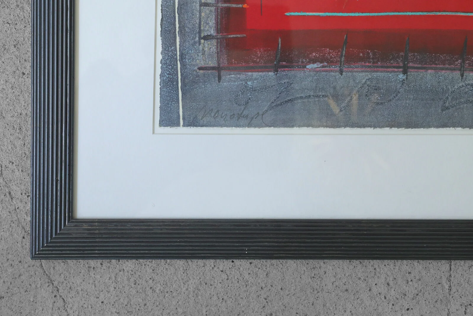 Colourful vintage lithograph, black-and-red composition, signed