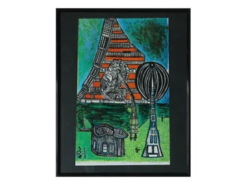 Color lithograph, Paul Holsby, House of Science, 1978