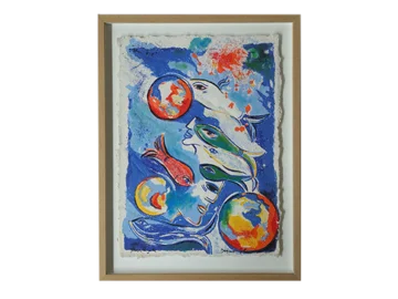 Colour lithograph, Dagmar Glemme, Composition with fish and faces