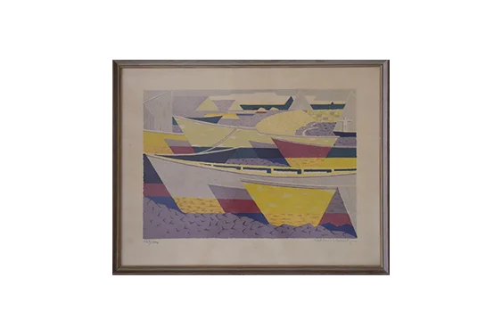 Colour lithograph, Waldemar Lorentzon, Båtparad, 1953