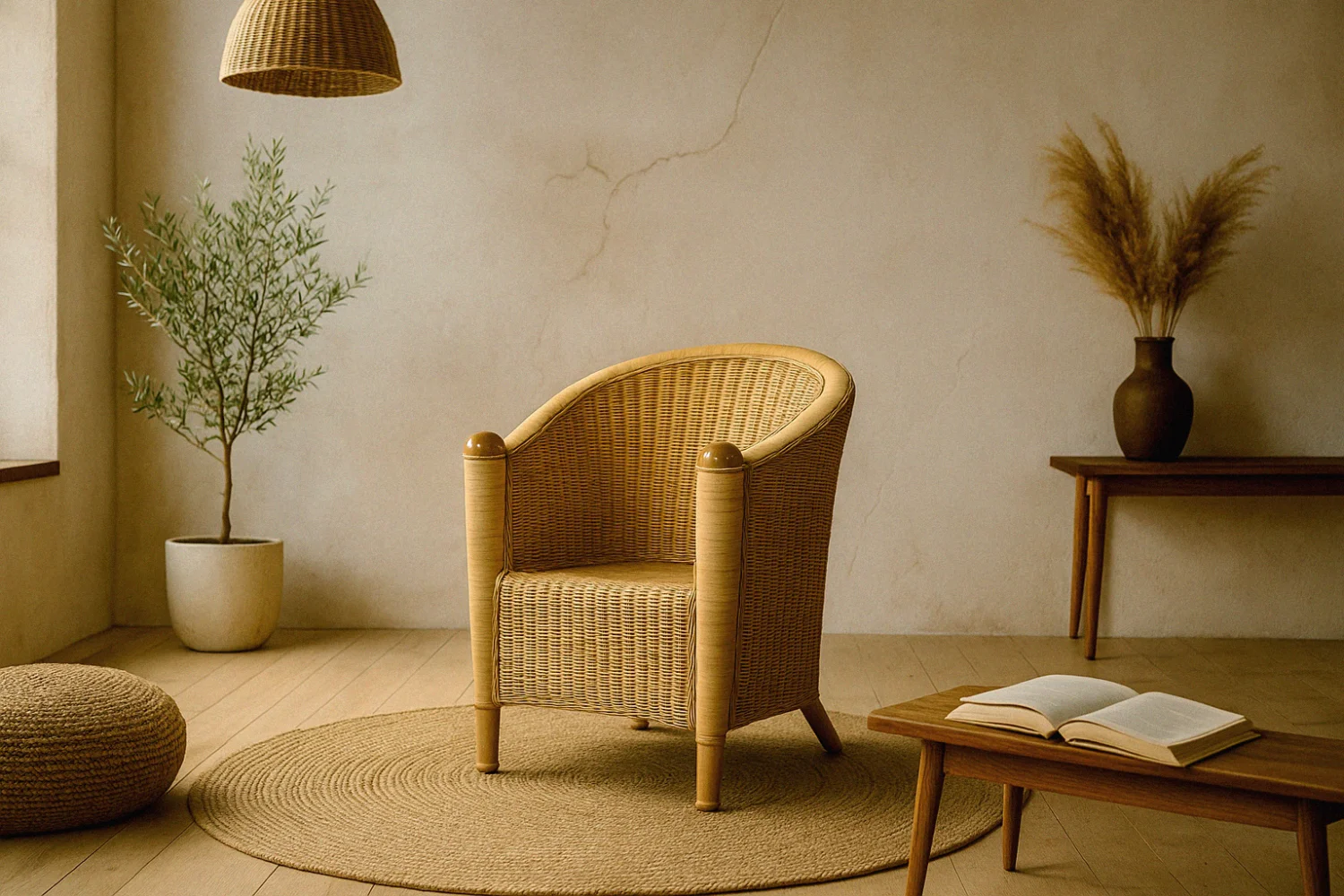Fotel rattanowy Barrel Chair w stylu Boho, Włochy, lata 70