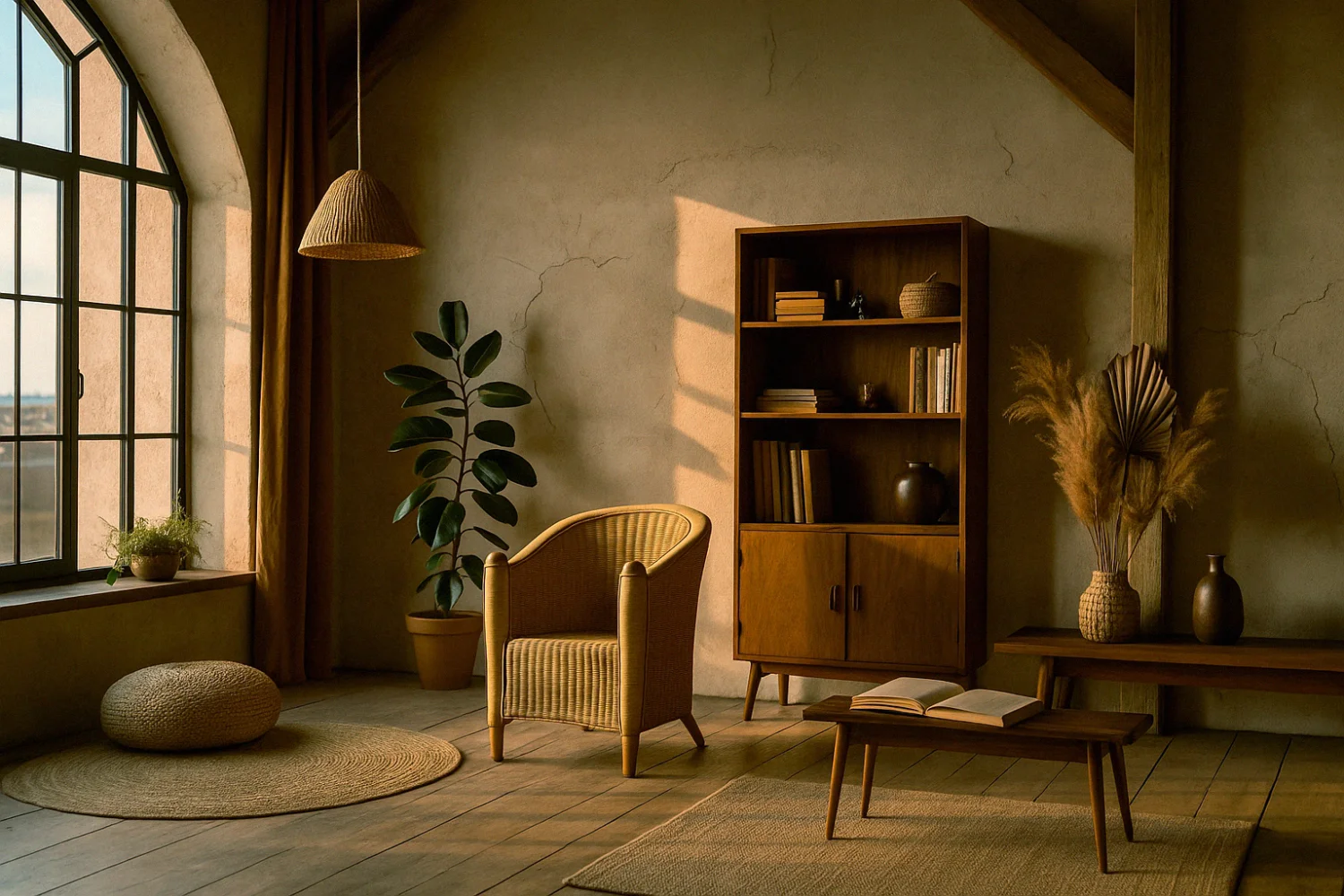 Fotel rattanowy Barrel Chair w stylu Boho, Włochy, lata 70