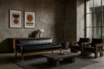Modernistyczna sofa dębowa z czarną, skórzaną tapicerką, Niemcy, lata 60