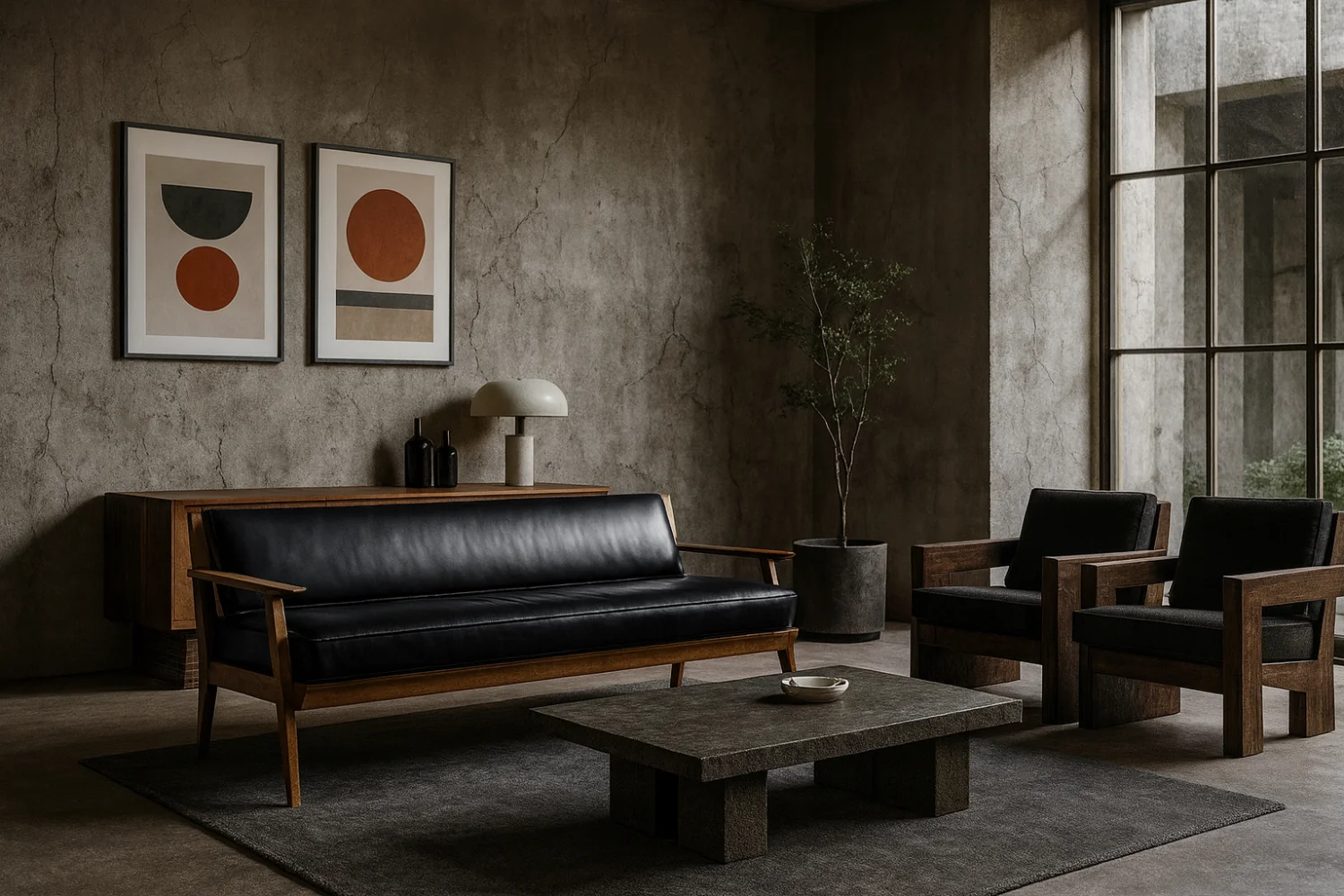 Modernistyczna sofa dębowa z czarną, skórzaną tapicerką, Niemcy, lata 60