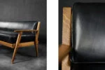 Modernistyczna sofa dębowa z czarną, skórzaną tapicerką, Niemcy, lata 60