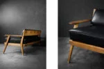 Modernistyczna sofa dębowa z czarną, skórzaną tapicerką, Niemcy, lata 60