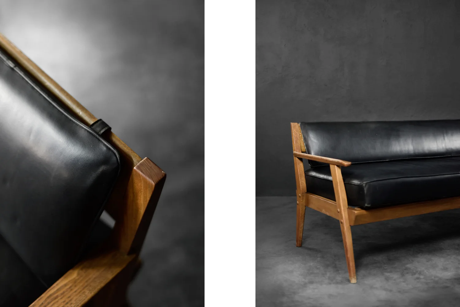 Modernistyczna sofa dębowa z czarną, skórzaną tapicerką, Niemcy, lata 60