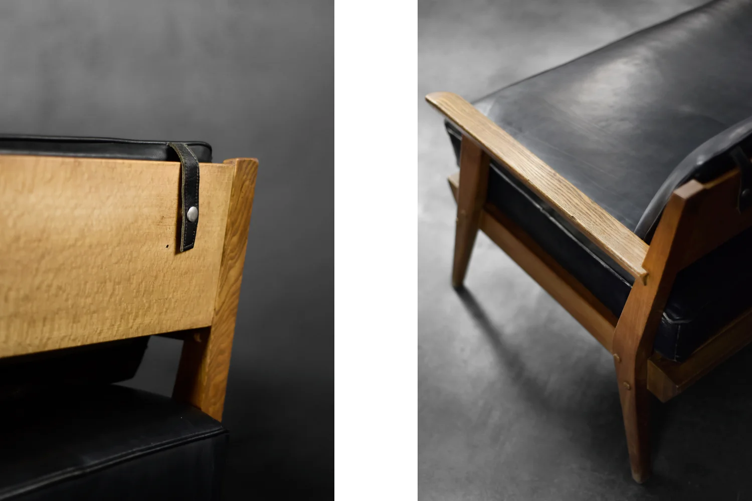 Modernistyczna sofa dębowa z czarną, skórzaną tapicerką, Niemcy, lata 60