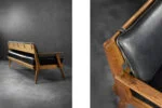 Modernistyczna sofa dębowa z czarną, skórzaną tapicerką, Niemcy, lata 60