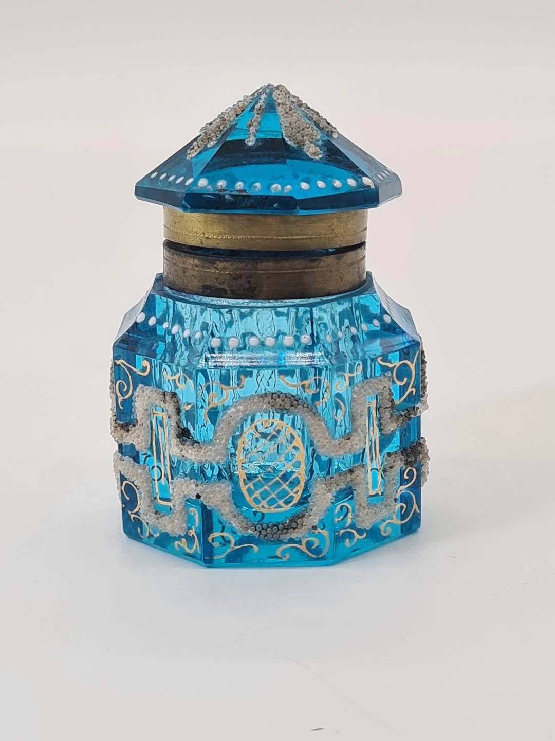 Kałamarz art déco z niebieskiego szkła fasetowanego, Francja, lata 20